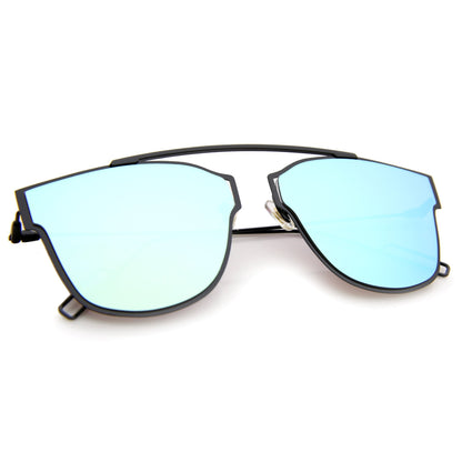 Modern Thin Flat Mirrored Lens Horned Rim Sunglasses